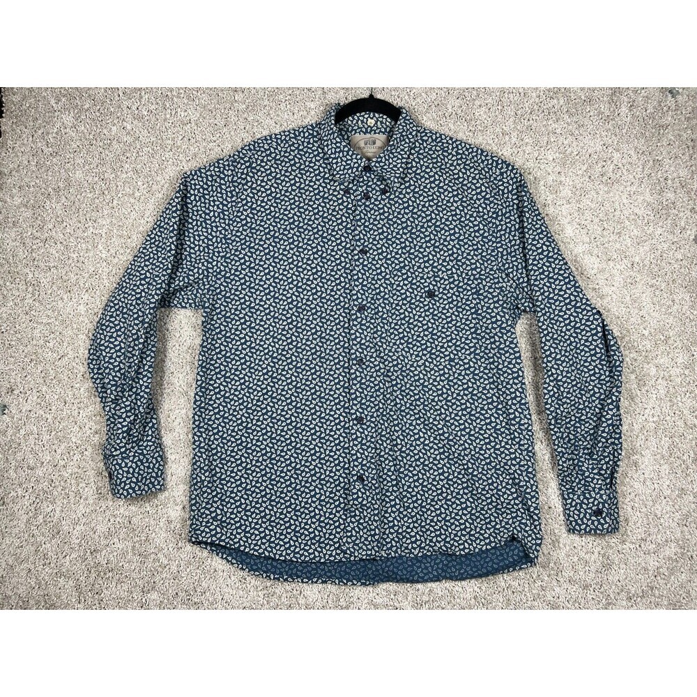 Pronto Uomo Firenze Blue White Print Shirt XL Italian Luxury Casual Button Up